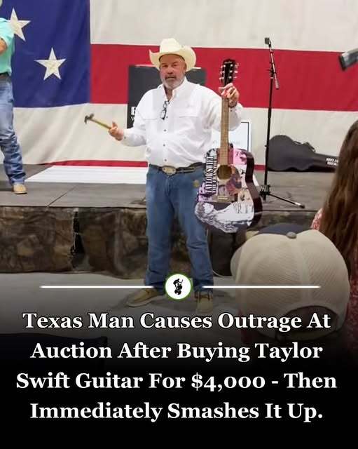 Texas man pays $4,000 for ‘autographed’ Taylor Swift guitar at auction then smashes it to pieces with hammer.