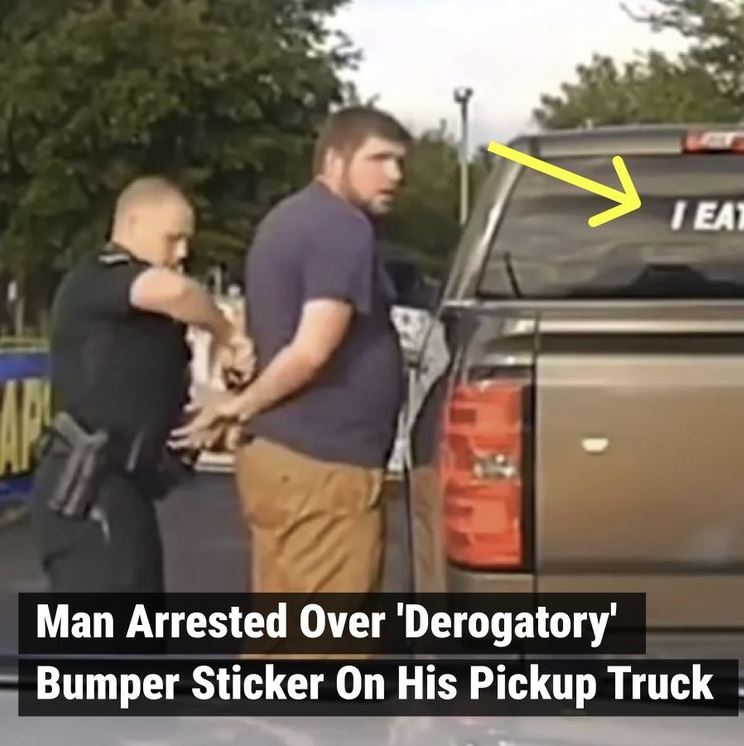 The officer demanded that he remove or modify the sticker but the man refused so the officer arrested him. Take a closer look at the sticker and see for yourself. Full story in comments:👇👇